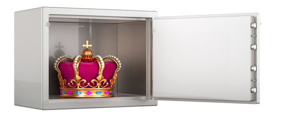 Crown inside safe box with combination lock, 3D rendering isolated on transparent background - 784054723
