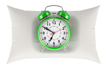 Green alarm clock on the pillow, top view. 3D rendering isolated on transparent background - 784054724
