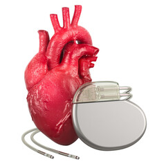 Human heart with Implantable Cardiac Device, 3D rendering isolated on transparent background - 784054778