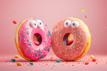 Surprised cute donuts with pop-eyed for menu, cover, or advertisement, celebrating National Donut Day or Fat Thursday.