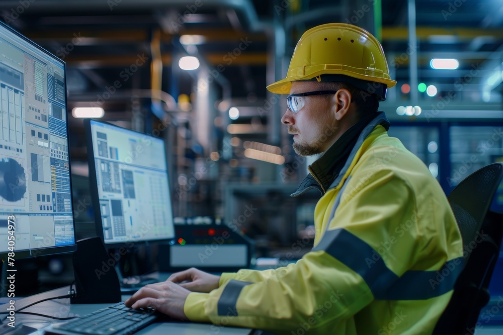 Poster an industrial engineer in a yellow vest and helmet works diligently on a computer amidst the backdro