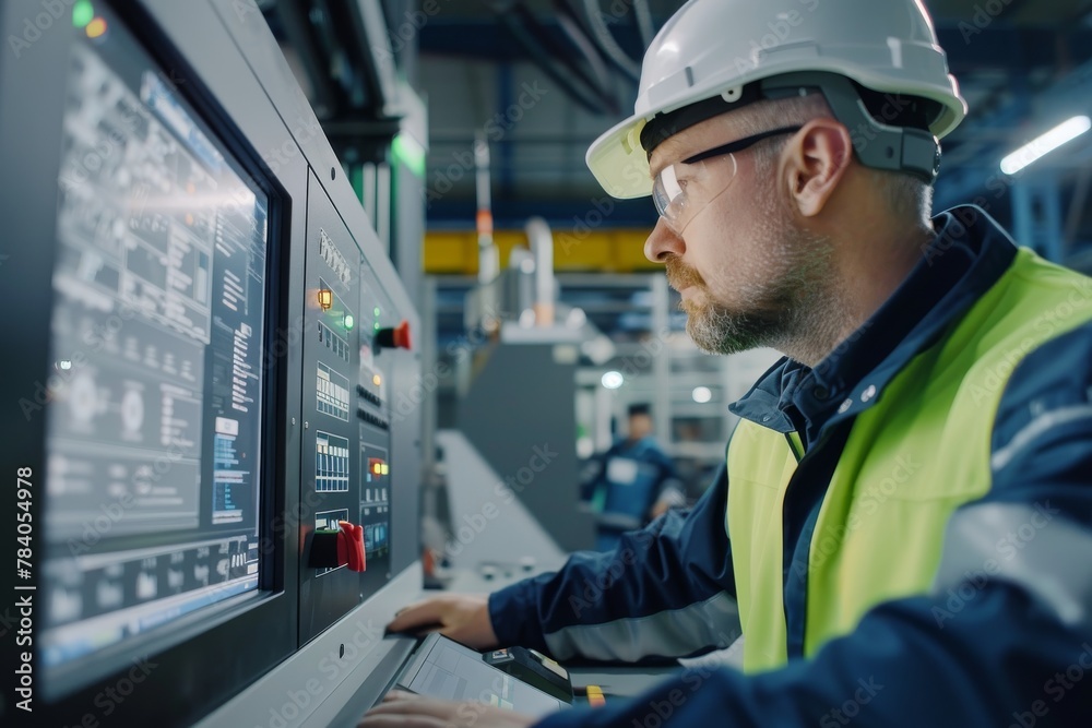 Aufkleber in a manufacturing plant, a worker is seen operating a complex control panel, indicating the integra