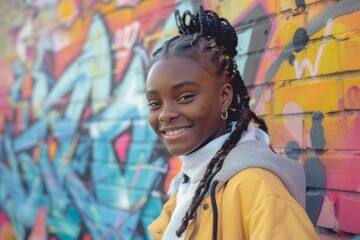 A cheerful girl with braided hair and a yellow jacket poses in front of a colorful graffiti wall - obrazy, fototapety, plakaty