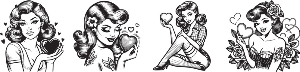 Vintage Style Pin Up Girl with Heart Vector Art collection