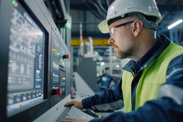 In a manufacturing plant, a worker is seen operating a complex control panel, indicating the integration of technology in industry