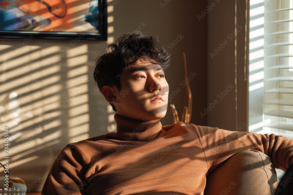 Poster Capturing a peaceful scene of a man in repose as he is bathed in the warm glow of the afternoon sun through the window