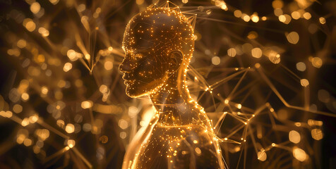 Man Hologram, Gold Glow Wireframe In Shape Of Human. Health, Science And Technology Concept In Dark And Golden Light. Esoteric, Astrology, Meditation, Energy Healing. Ai Generated. Horizontal Plane