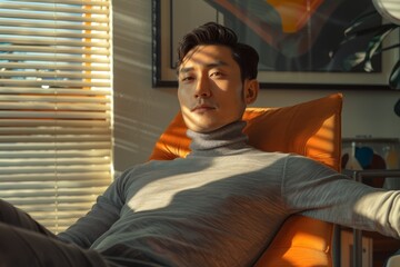 Relaxation and contemplation are the themes as a man reclines in a chair, with sunlight streaming through blinds