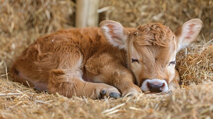   A baby cow rests atop a stack of dry grass, nearby stands a pile of straw Each animal sports a tag in its ear