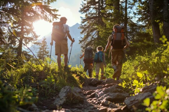 A heartwarming image capturing a family bonding while trekking together through a sunlit forest path