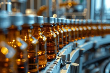 The photo focuses closely on an automated conveyor belt with multiple medicine bottles in a factory