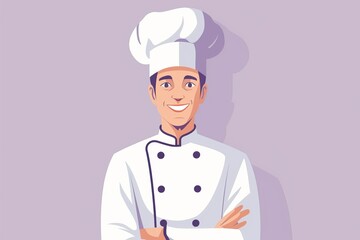 A digital illustration of a friendly chef with arms crossed in front of a soft purple background