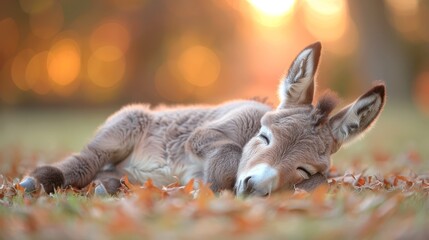   A tight shot of a small donkey resting on a lush grassy expanse Surrounding background faintly depicts trees and leaves with a soft blur - obrazy, fototapety, plakaty