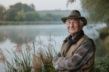 Obraz premium A cheerful elderly man with crossed arms stands confidently in front of a serene lake