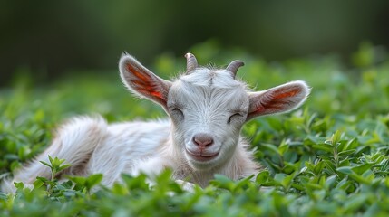   A close-up of a baby goat lying in a field of green grass with its eyes closed