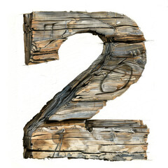 Wooden number 2 drawn on white. A weathered wooden Number 2 isolated on a white background. Made from driftwood, it has a rustic, aged look with visible wood grain, perfect for rustic or outdoor theme