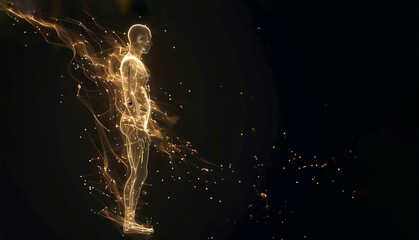Man Hologram, Gold Glow Wireframe In Shape Of Human. Health, Science And Technology Concept In Dark And Golden Light. Esoteric, Astrology, Meditation, Energy Healing. Ai Generated. Horizontal Plane