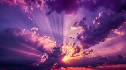 Purple Sunset: Glow of the Sun through the Clouds at Dusk. - 784056504