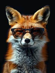 Photo of a space fox wearing sunglasses and a chain on a black background. - obrazy, fototapety, plakaty