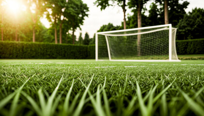 A soccer goal sits on a grassy field with trees in the background. - Powered by Adobe