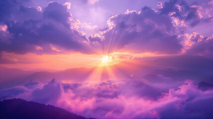 Purple Sunset: Glow of the Sun through the Clouds at Dusk. - 784056719