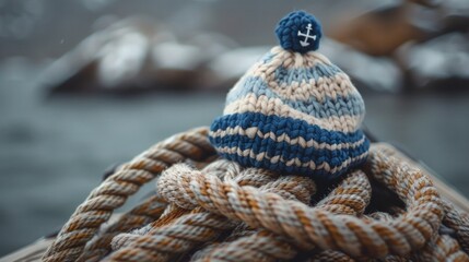 A knitted hat sitting on top of a pile of rope, AI
