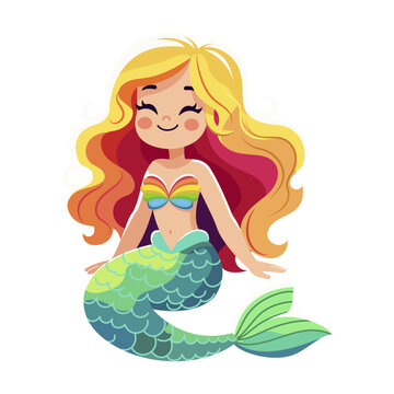 A cheerful cartoon mermaid with flowing hair and a colorful tail, on a plain white background, concept of fantasy. Vector illustration
