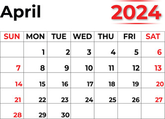 April 2024 monthly calendar design in clean look