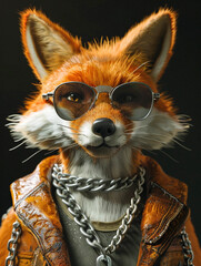 Photo of a space fox wearing sunglasses, a chain, and a jacket on a black background - obrazy, fototapety, plakaty