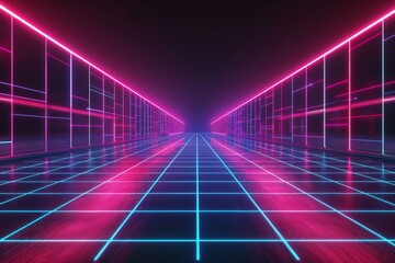 Futuristic Neon Grid Corridor, Virtual Reality Concept
