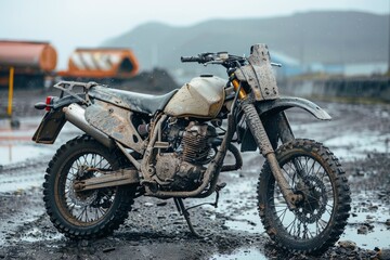 A dirty off road motorcycle after a wild ride.