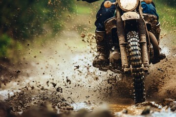 A dirty off road motorcycle during a wild ride.