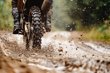 A dirty off road motorcycle during a wild ride.