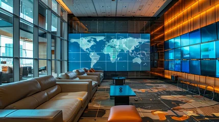 Foto op Plexiglas Global Connectivity: Include subtle visual cues symbolizing global connectivity, such as world maps, globes, or digital interfaces displaying international market trends and data points. Generative AI © Hokmiran