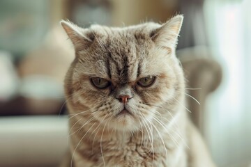 A grumpy looking cat sits and looks directly into the camera.
