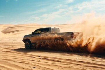 A modern pickup truck drives in the desert and stirs up sand.