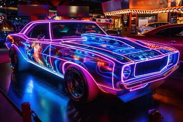 A very heavily tuned muscle car with neon lights.