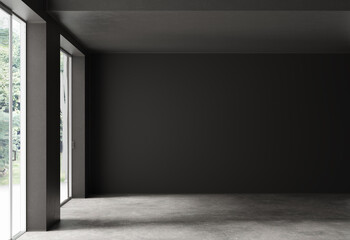 Empty room with black wall. 3d illustration - obrazy, fototapety, plakaty