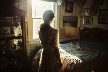 A woman in her bedroom in a lace dress.