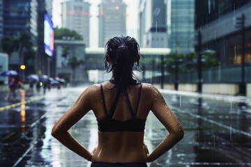 A woman in Swimwear enjoying the rain in a modern city.