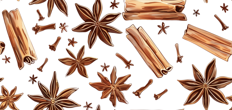 Close-up of aromatic spices like star anise and cinnamon sticks, popular ingredients for flavoring and decorating food