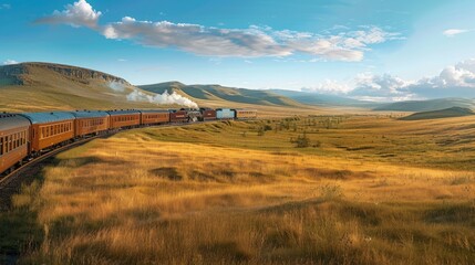 Panoramic View: Take a panoramic shot of the entire scene, showcasing the expansive countryside, the vintage train in motion, and passengers enjoying the scenic views. Generative AI