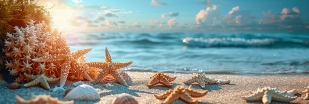 Summer vacation background, seashells and starfish on the beach