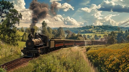 Panoramic View: Take a panoramic shot of the entire scene, showcasing the expansive countryside, the vintage train in motion, and passengers enjoying the scenic views. Generative AI - obrazy, fototapety, plakaty