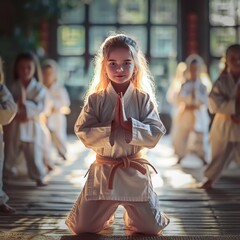 A young girl is kneeling in a group of children in white uniforms. She is praying and the other...