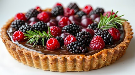   A chocolate tart, crowned with red and dark berries  and a fresh sprig of rosemary, rests upon a pristine white surface