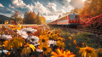 Seasonal Variation: Take photos of the same scene in different seasons, such as the train passing through blooming spring flowers, lush summer meadows, or colorful autumn foliage. Generative AI - obrazy, fototapety, plakaty