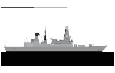 HMS DARING D32. Royal navy Type 45 guided missile destroyer. Vector image for illustrations and infographics.