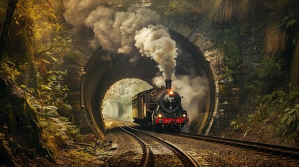 Tunnel Passage: Photograph the vintage train as it emerges from a tunnel, with steam dramatically escaping from the entrance. Generative AI - obrazy, fototapety, plakaty