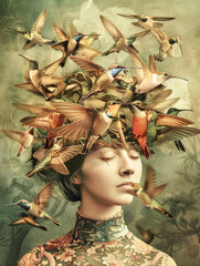 Abstrakte Illustration: Ein Schwarm Kolibris schwirrt um den Kopf einer jungen Frau. KI generiert, - 784061190